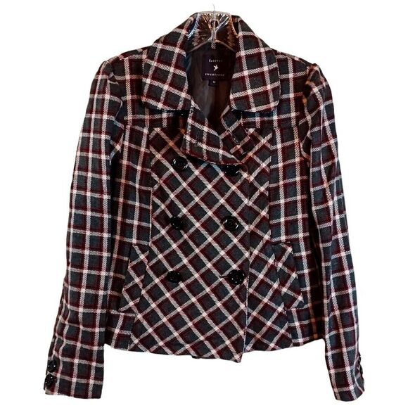 Plaid Wool Blend Button Lightweight Jacket PeaCoat Red Grey Casual Career Sz M - Picture 1 of 11